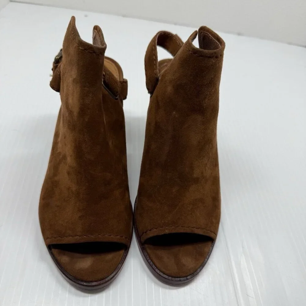 Frye Dani Shield Sling Wood Suede Open Toe Block Heel Booties 6M
